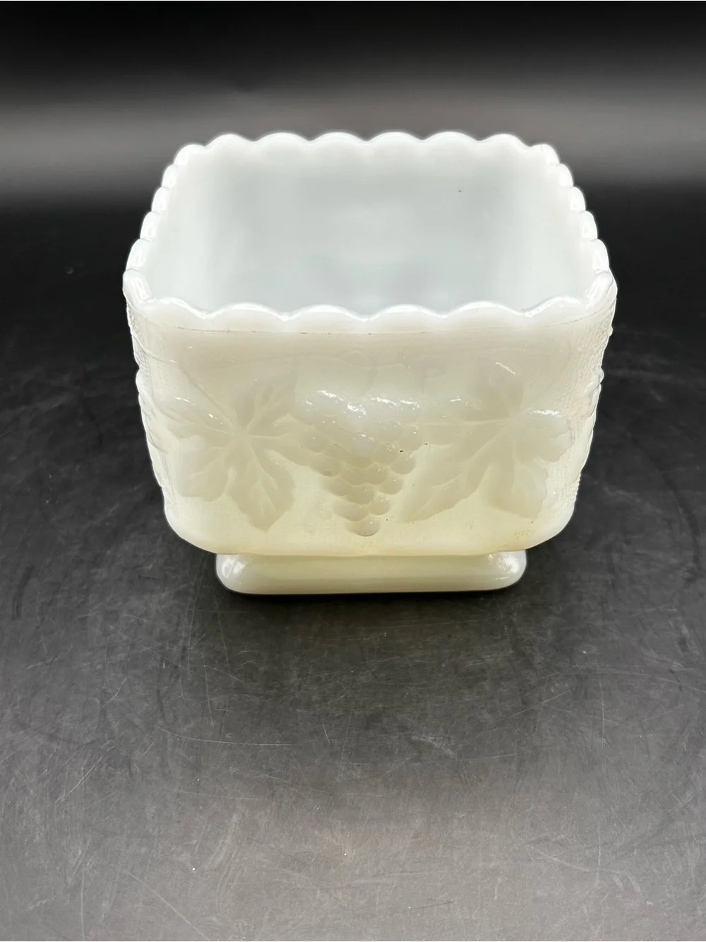Anchor Hocking White Milk Glass Grape & Leaf Square Pedestal Bowl